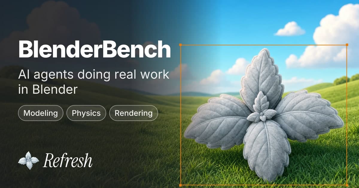 The Refresh mascot in a Blender-style green field beneath a bright blue sky